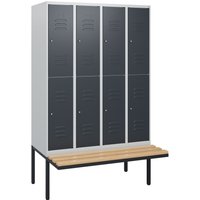 C+P Doppelstock-Spind Classic PLUS, 4 Abteile, HxBxT 1.950 x 1.200 x 815 mm, Zylinderschloss, auskragende Bank aus Buche, lichtgrau, anthrazitgrau von C+P