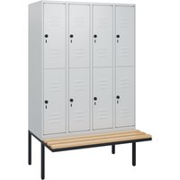 C+P Doppelstock-Spind Classic PLUS, 4 Abteile, HxBxT 1.950 x 1.200 x 815 mm, für Vorhängeschloss, auskragende Bank aus Buche, lichtgrau, lichtgrau von C+P