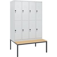 C+P Doppelstock-Spind Classic PLUS, 4 Abteile, HxBxT 1.950 x 1.200 x 815 mm, für Vorhängeschloss, untergebaute Bank aus Buche, lichtgrau, lichtgrau von C+P