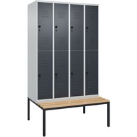 C+P Doppelstock-Spind Classic PLUS, 4 Abteile, HxBxT 2.120 x 1.200 x 815 mm, für Vorhängeschloss, untergebaute Bank aus Buche, lichtgrau, anthrazitgrau von C+P
