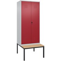 C+P PSA Doppel-Spind Classic PLUS, 2 Abteile, HxBxT 2.120 x 800 x 815 mm, für Vorhängeschloss, untergebaute Bank aus Buche, lichtgrau, rubinrot von C+P