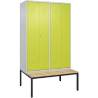 C+P PSA Doppel-Spind Classic PLUS, 4 Abteile, HxBxT 2.120 x 1.200 x 815 mm, Zylinderschloss, untergebaute Bank aus Buche, lichtgrau, clowngrün von C+P