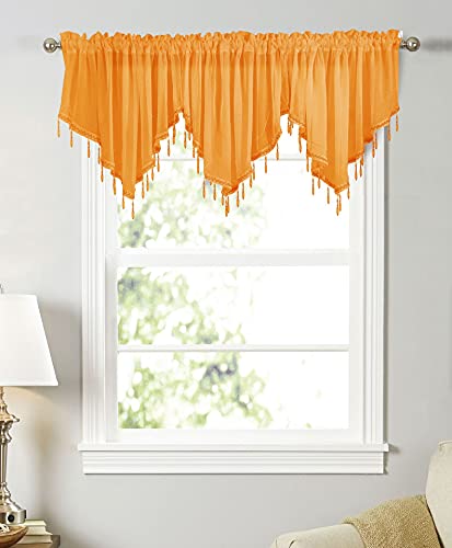 Devola Dreieckiger querbehang Gardine Spitze Scheibengardinen modern transparent Kurzer Vorhang mit hängenden Kristallperlen Küchenfenster Volant heimdekorationen Panneaux BxH 130x60cm Orange 1 Stück von Devola