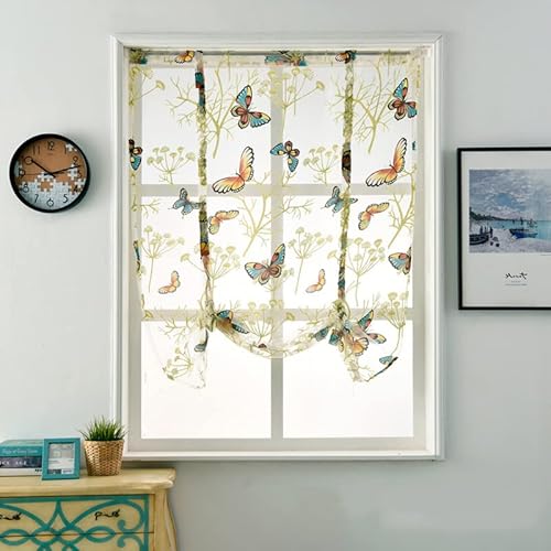 Devola Landhausstil Raffrollo Schmetterlings-Motiven Raffgardinen transparent Voile Vorhänge Küche Faltvorhang Modern Rollo mit Kordelzug Heimdekoration Fensterschal BxH 117x160cm Weiß 1er Pack von Fuer