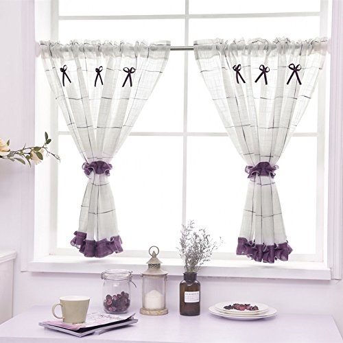 Devola Pastorale Art Scheibengardine Landhausgardinen Vorhang Leinen-Garn Kurzgardine Transparent Gingham Bistrogardine mit Raffbänder Design Küche Gardine HxB 80x200cm Violett 2 Stück von Fuer