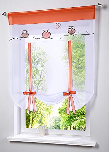 Devola Raffrollo Eule Muster Bestickte Gardine Transparente Voile Raffgardinen mit Tunnelzug Rollo Moderne Gardine Dekoration Vorhänge BxH 80x120cm Orange 1er Pack von Fuer