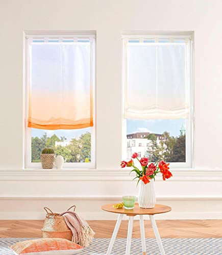 Devola Raffrollo Farbverlauf Vorhang transparent Voile Raffgardinen Modern Rollo mit Kordelzug Küchengardine mit Schlaufen Faltvorhang BxH 100x150cm Orange 1er Pack von Fuer