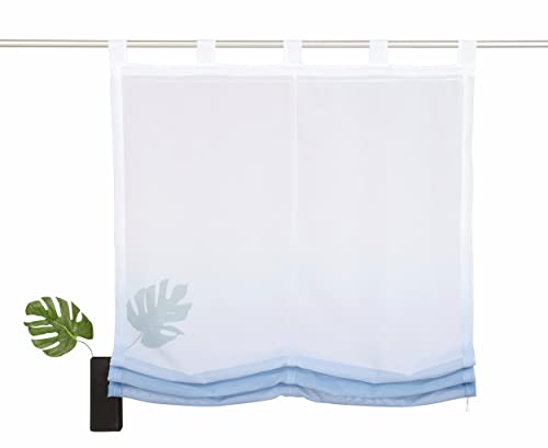 Devola Raffrollo Farbverlauf Vorhang transparent Voile Raffgardinen Modern Rollo mit Kordelzug Küchengardine mit Schlaufen Faltvorhang BxH 140x150cm Blau 1er Pack von Fuer