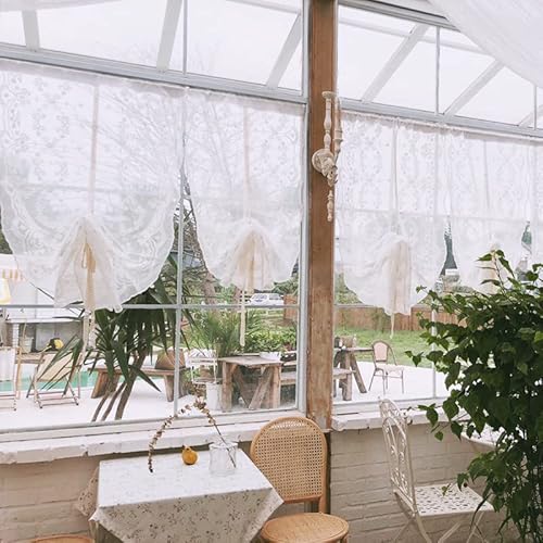 Devola Raffrollo Landhausstil transparent Leinengarn Raffgardinen Stickerei Blumen Gardine Faltvorhang mit Kordelzug Modern Rollo Schlaufenschal BxH 63x115cm Stangendurchzug Weiß 1er Pack von Fuer