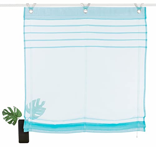 Devola Raffrollo transparent Ösenrollo Voile Raffgardinen Modern Rollo mit Hakenaufhängung Faltvorhang Dekoration Vorhänge BxH 100x140cm Türkis 1er Pack von Fuer