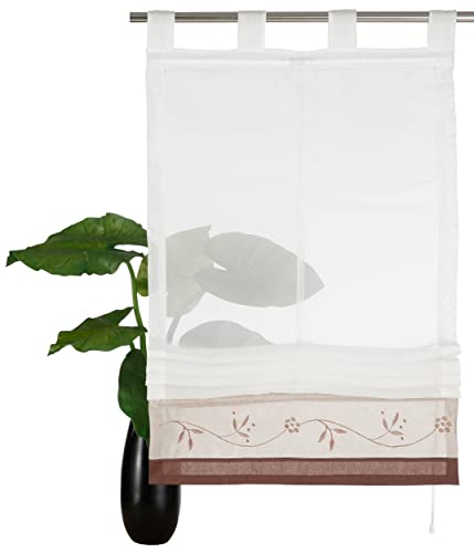 Devola Voile Raffrollo transparent Raffgardinen mit Schlaufen Blumenmuster Stickerei Fenstergardinen Faltvorhang Modern Rollo Küchengardine Tür Vorhänge BxH 100x155cm Kaffee 1er Pack von Fuer