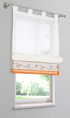 Devola Voile Raffrollo transparent Raffgardinen mit Schlaufen Blumenmuster Stickerei Fenstergardinen Faltvorhang Modern Rollo Küchengardine Tür Vorhänge BxH 100x155cm Orange 1er Pack von Fuer