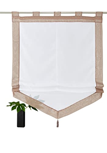 Devola Voile transparent Scheibengardinen mit zweifarbigen Design mit Quaste Fenster Gardinen Panneaux mit Tunnelzug Gardine HxB 140x100cm Sand 1er Pack von Devola