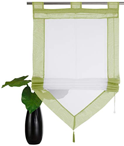 Devola Voile transparent Scheibengardinen mit zweifarbigen Design mit Quaste Fenster Gardinen Panneaux mit Tunnelzug Gardine HxB 140x45cm Grün 1er Pack von Devola