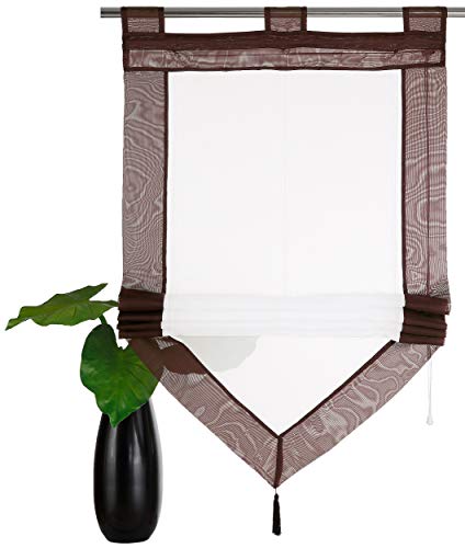 Devola Voile transparent Scheibengardinen mit zweifarbigen Design mit Quaste Fenster Gardinen Panneaux mit Tunnelzug Gardine HxB 140x45cm Kaffee 1er Pack von Devola