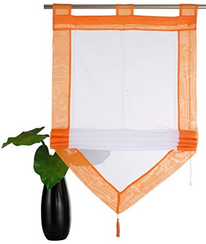 Devola Voile transparent Scheibengardinen mit zweifarbigen Design mit Quaste Fenster Gardinen Panneaux mit Tunnelzug Gardine HxB 140x45cm Orange 1er Pack von Fuer