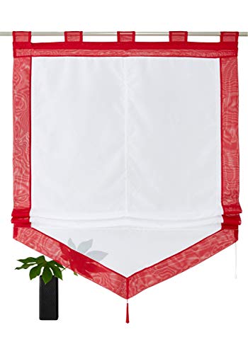 Devola Voile transparent Scheibengardinen mit zweifarbigen Design mit Quaste Fenster Gardinen Panneaux mit Tunnelzug Gardine HxB 140x45cm Rot 1er Pack von Devola