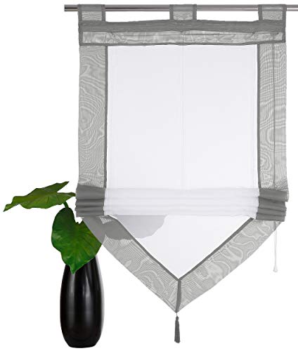 Devola Voile transparent Scheibengardinen mit zweifarbigen Design mit Quaste Fenster Gardinen Panneaux mit Tunnelzug Gardine HxB 140x60cm Grau 1er Pack von Devola