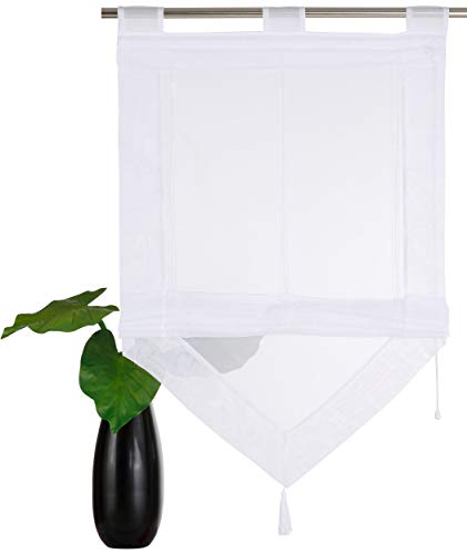 Devola Voile transparent Scheibengardinen mit zweifarbigen Design mit Quaste Fenster Gardinen Panneaux mit Tunnelzug Gardine HxB 140x60cm Weiß 1er Pack von Devola
