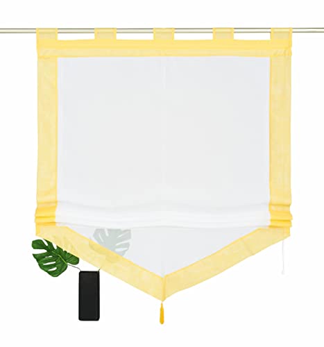 Devola Voile transparent Scheibengardinen mit zweifarbigen Design mit Quaste Fenster Gardinen Panneaux mit Tunnelzug Gardine HxB 140x80cm Gelb 1er Pack von Devola