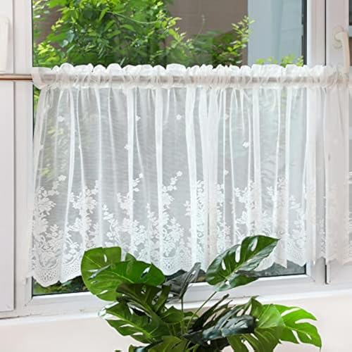 Devola Vorhang im amerikanischen Landhausstil transparent Blumenmuster Garn Bistrogardine Cafe Scheibengardine Küche Gardine Dekoration Vorhänge HxB 45x100cm Weiß 1er Pack von Fuer
