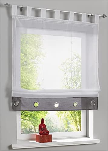 Devola transparent Voile Raffrollo mit Öse Raffgardinen mit Kordelzug Faltvorhang Modern Rollo mit Schlaufen Küchengardine Fertiggardine BxH 120x155cm Grau 1er Pack von Fuer