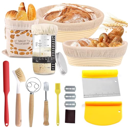 11 Teiliges Gärkörbchen Set, Natürliches Gärkorb Holzschliff Set, Sauerteig Starter Set, Brot Backen Zubehör, Sauerteig Glas, Brotbacken, Brotbackzubehör, Gärkorb Brot für den Heim und Profibereich von Fuerdich