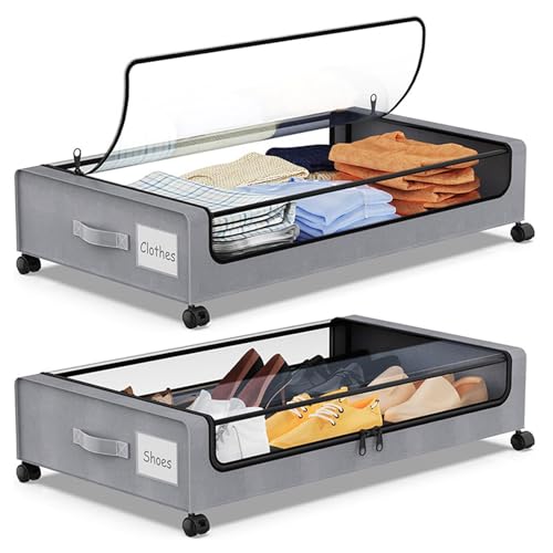 Fuerdich Unter dem Bett Lagerung mit n, unter Bettlager rollen, große Kapazität Clear Deckel Metal Rahmen Oxford Stoff Liner 4, Unterbett -Behälter Schublade für Kleidungschuhe (2pcs) von Fuerdich
