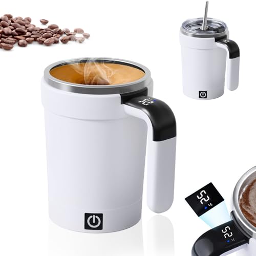 Selbstrührender Becher, 380 ml automatischer Rührbecher, automatischer Mischbecher mit LCD-Temperaturanzeige, elektrischer Rührbecher für Kaffee, Protein-Shakes, Matcha und mehr (Weiß) von Fuerdich