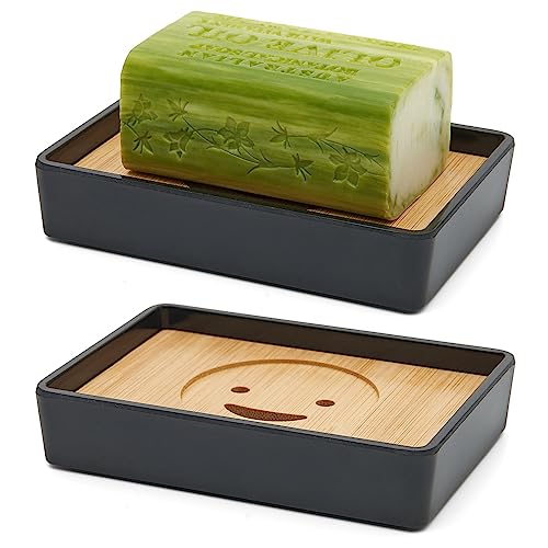 Bambus-Seifenschale für Dusche, Holz-Seifenhalter für Badezimmer, Seifenablage unten mit vier Anti-Rutsch-Pads (einzelnes schwarzes Smiley-Gesicht) von Fufengz