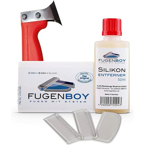 Fugenboy® Heimwerker-Kit für Silikon-Fugen | Deutsche Herstellung | Pantentiertes Fugen-Werkzeug | Fugen-Set mit 50 ml Silikon-Entferner, 3x Fugen-Glätter & Fugen-Messer | Fugen erneuern von Fugenboy