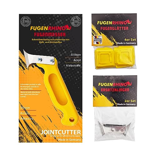 Fugenrhino® Silikonentferner Set für einfache und professionelle Silikonentfernung und -erneuerung von Acryl- & Silikonfugen - Enthält Fugenmesser, Fugenglätter, Ersatzklingen (9-Teilig) von Fugenrhino