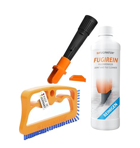 FUGINATOR® Trio mit Fugenbürste in orange/blau, EU-Adapter & Fugenreingier 250 ml – Fugenreinigung im Stehen für Fliesen, WC, Bad etc. Geeignet für Silikon Fugen. Bürste mit harten Borsten von Fuginator