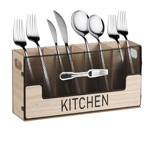 Fuikupe Küchenutensilienhalter, Holz Eisen Utensilienhalter Küche Besteckhalter Besteckkorb 4 Fächer Küchenutensilien Caddy Kochlöffelhalter für Wohnzimmer Arbeitszimmer Esszimmer Küche Esstisch von Fuikupe