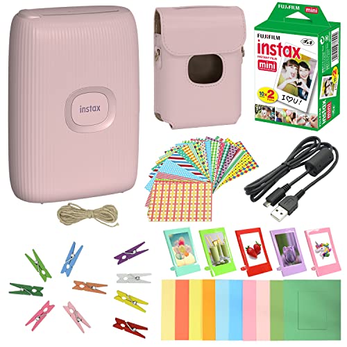Fujifilm Instax Mini Link 2 Smartphone Drucker Soft Pink + Fuji Instax Film Vorteilspack 20 Blatt Zubehör Bundle mit Album + 5 Kunststoff Schreibtischrahmen + 10 Papierrahmen plus 60 Aufkleberrahmen von Fujifilm