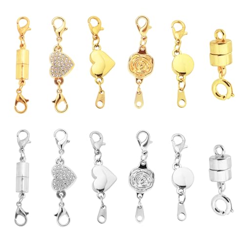 12stk Magnetverschlüsse für Halsketten, 6 Stile Starke Magnetische Schmuckverschlüsse & Schließen Schmuckverbinder für Armbänder und Fußkettchen (Silber, Gold) von Fukaisu