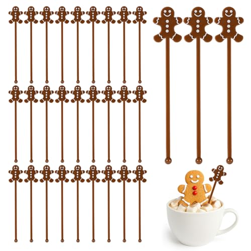 30stk Weihnachts Getränke Rührer, Wiederverwendbar Kunststoff Rührstäbchen Niedlich Swizzle Sticks für Cocktail Kaffee Kakao Getränkezubehör & Weihnachtsfeier Dekorationen (Braun) von Fukaisu