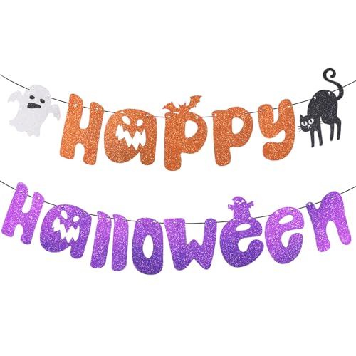 Glitzer Happy Halloween, Banner, Orange & Lila Halloween-Girlande mit Schwarzer Katze Geist Gruseliges Pappschild Partydekorationen für Wand Kamin Zuhause Büro Fotohintergrund Glitzer Happy Halloween, Banner, Orange & Lila Halloween-Girlande mit Schwarzer Katze Geist Gruseliges Pappschild Partydekorationen für Wand Kamin Zuhause Büro Fotohintergrund von Fukaisu