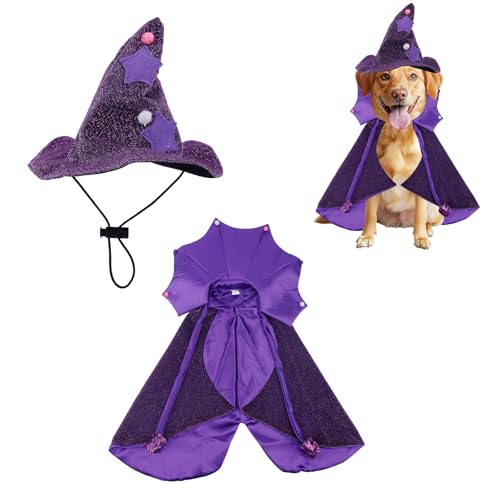 Halloween-Kostümset für Hunde, Lila Hexenumhang und Hut Welpenkostüm Haustier-Zaubererumhang Teufels-Vampir-Outfit für Kleine Mittelgroße Hunde Halloween-Partys Cosplay-Bekleidung Zubehör Halloween-Kostümset für Hunde, Lila Hexenumhang und Hut Welpenkostüm Haustier-Zaubererumhang Teufels-Vampir-Outfit für Kleine Mittelgroße Hunde Halloween-Partys Cosplay-Bekleidung Zubehör von Fukaisu