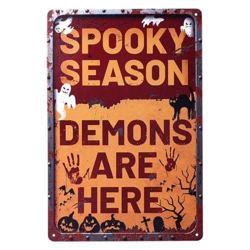 Unheimlich Halloween Schilder, Spooky Season Demons Are Here Lustig Metall Blechschild Vintage Halloween-Dekoration für Zuhauss Hof Bar-Dekor von Fukaisu