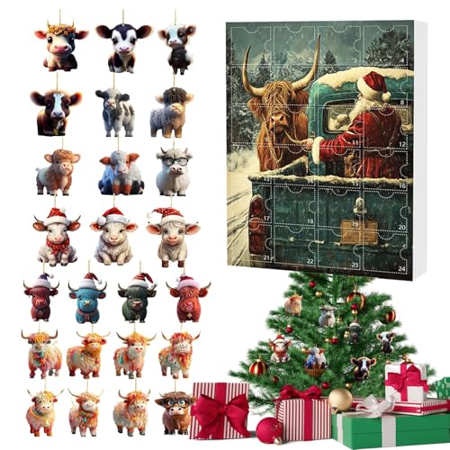 Fukamou Advent Countdown Kalender Highland Cow 24 Tage, Adventskalender Mit 2D Acrylic Highland Cow Ornamente, Tier Deko Für Auto Innenspiegel Wand Fenster Weihnachtsbaum Tür Party von Fukamou