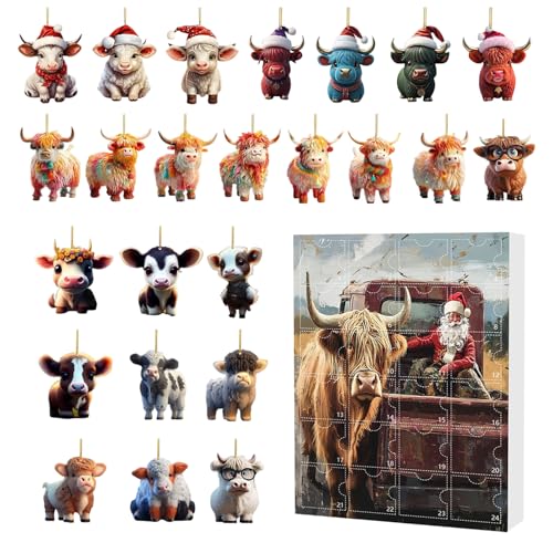 Fukamou Advent Countdown Kalender Highland Cow 24 Tage | Advent Countdown Kalender 2D Acryl Niedlich Highland Cow Ornamente Set,Tier Deko Für Auto Innenspiegel Wand Fenster Weihnachtsbaum Tür Party von Fukamou