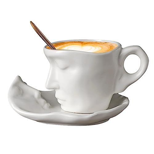 Fukamou Gesicht Kaffeetassen Set Mit Untertasse, Keramik Küssendes Paar Kaffeetasse Set Mit Löffel, Einzigartige Teetasse Und Untertasse, 250 L von Fukamou