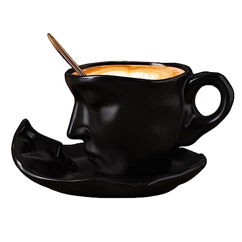 Fukamou Gesicht Kaffeetassen Set Mit Untertasse, Keramik Küssendes Paar Kaffeetasse Set Mit Löffel, Einzigartige Teetasse Und Untertasse, 250 L von Fukamou