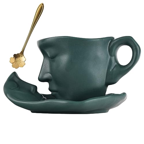 Fukamou Kiss Kaffeetasse Mit Untertasse Und Löffel, Einzigartige Mann Gesicht Tasse Teetasse Und Untertasse Set, Küssen Becher Set, Kreatives Geschenk von Fukamou