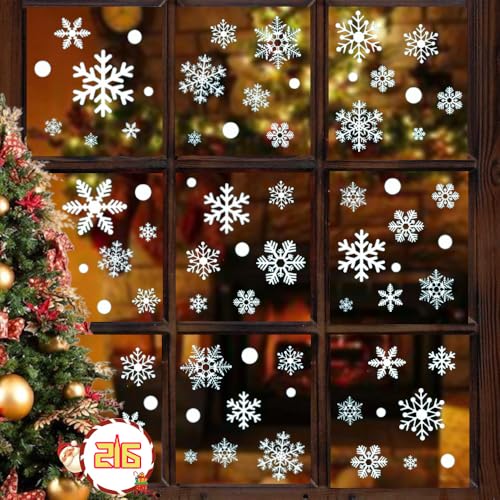 216 Pcs Fensterbilder Weihnachten Selbstklebend,Fenstersticker Weihnachtsdeko,PVC Schneeflocken Fensterdeko,Selbstklebend Weihnachtsfensterbilder für Winter Fenster Weihnachten deko von Fukmory