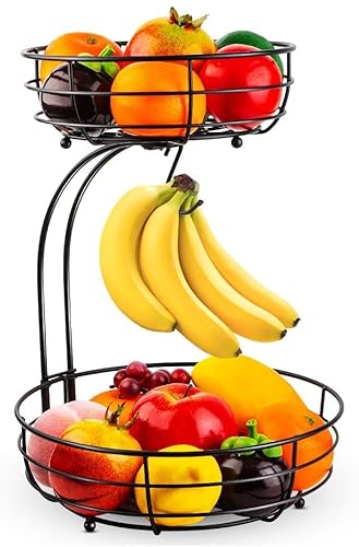 2 Stöckig Obstkorb mit Bananenhalter, Stehend Täglicher Küche moderne Obstschale, praktischer Obstkörbe Gemüsekorb aus Metall, Schwarz von Fuleadture