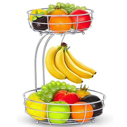 Fuleadture 2-stöckiger Obstkorb mit Bananenhalter, stehende tägliche Küche, moderne Obstschale, praktische Obstschale, Gemüsekorb aus Metall, Silber von Fuleadture