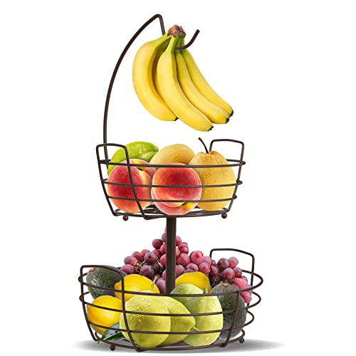 Fuleadture 2 Stöckig Obstkorb mit Bananenhalter - Küche Obststaender für die Arbeitsfläche - Metall Obstschalen für Obst und Gemüse - Bronze von Fuleadture