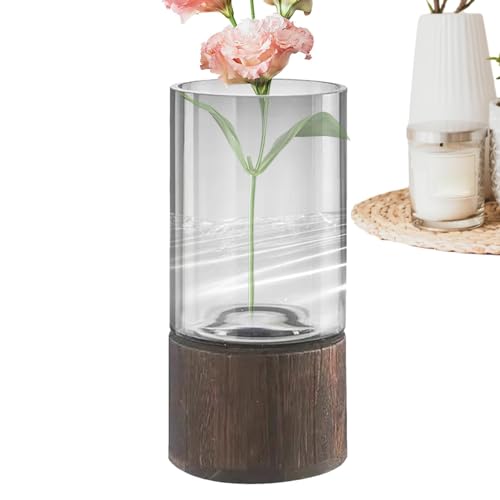 Klare Blumenvase, Glasvasen für Blumen - Zylindrische Blumenvase aus Glas mit Holzsockel,Multifunktionaler Blumentopf im rustikalen Stil, dekorative Mittelpreis-Ornamente für das Schlafzimmer von Fulenyi